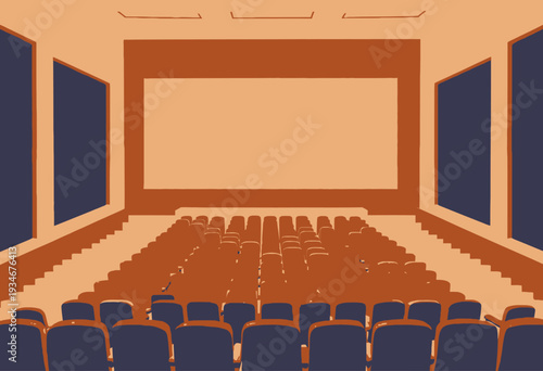 Spacious Theater Auditorium with Rows of Red Seats Facing a Large Blank Screen Amidst a Brightly Lit, Modern Interior Design