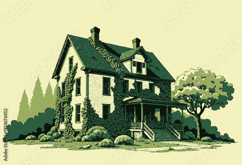 Charming Vintage House with Ivy-Covered Walls Nestled Amidst Lush Greenery and Picturesque Landscape with Majestic Trees and Serene Surroundings