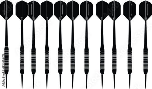 Set of black darts silhouettes, professional sporting equipment icons for competitive games, recreation leisure activity, and dartboard target practice accessories