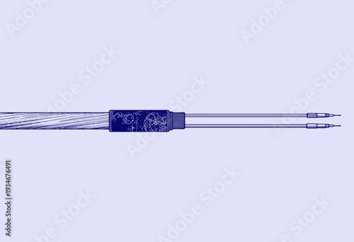 Illustration of a detailed coaxial cable with connectors and labeled internal components demonstrating electrical engineering concepts in a technical blueprint style