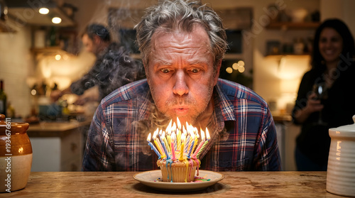 Man blowing out many birthday candles on a small cake at home