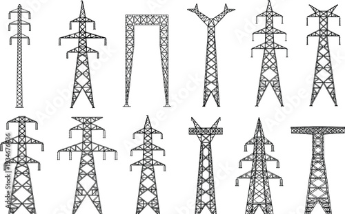 Set of black electric transmission tower silhouettes, high voltage power line pylons, industrial energy infrastructure icons, and electricity supply engineering elements,