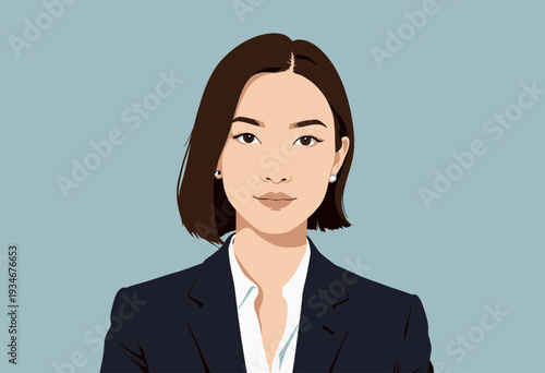 Illustration of a Professional Woman in Business Attire with Short Hair and Blue Background, Emphasizing Leadership and Confidence in a Corporate Setting