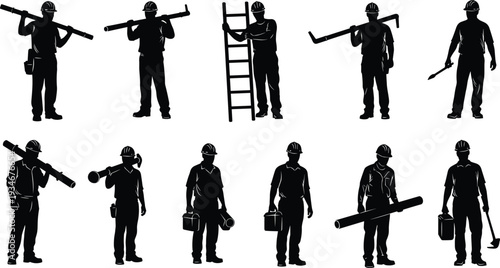 Set of black silhouettes of construction workers, male engineers, and builders carrying tools, pipes, and ladders for industrial labor projects