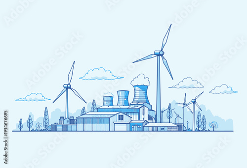 Illustrated Landscape of Sustainable Energy with Wind Turbines and Industrial Buildings Under a Cloudy Sky