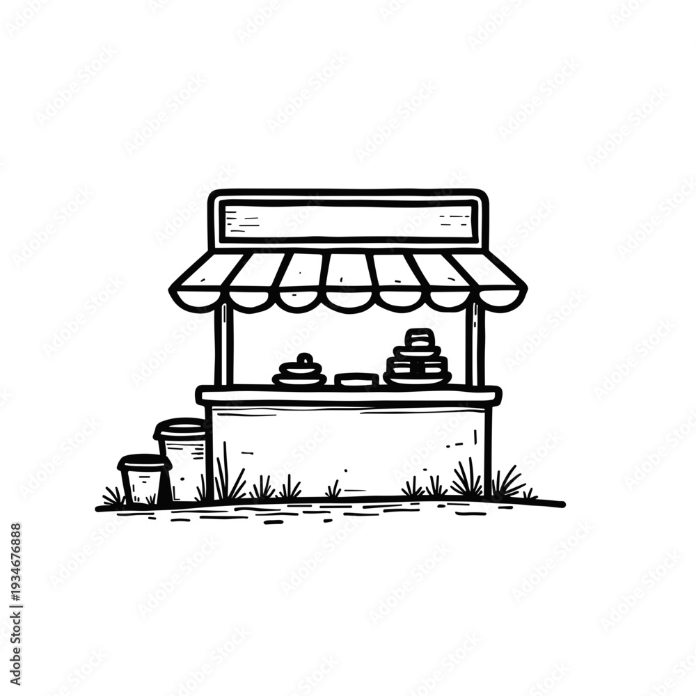 Naklejka premium Simple food stall with a canopy displaying various dishes outdoors 