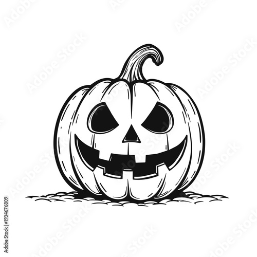 Classic Halloween pumpkin with carved face on white background  