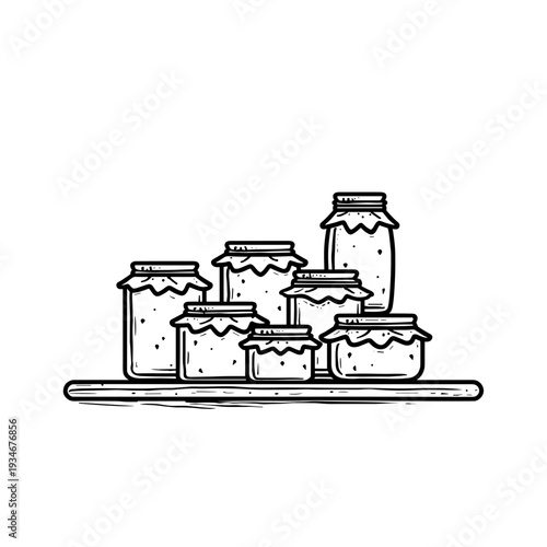 Glass jars of preserves stacked on wooden shelf in kitchen  