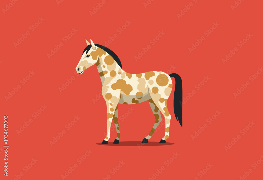 Fototapeta premium Illustrated depiction of a dappled horse on a vibrant red background highlighting its unique spotted coat and elegant stance