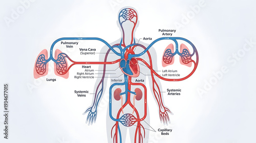Human Circulatory System Diagram with Heart, Lungs, and Vessels