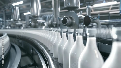 Smooth conveyor moves white bottles steadily. Metal pipes and machinery surround the line. Factory hums with consistent motion. Bottles gleam under cool, even lighting