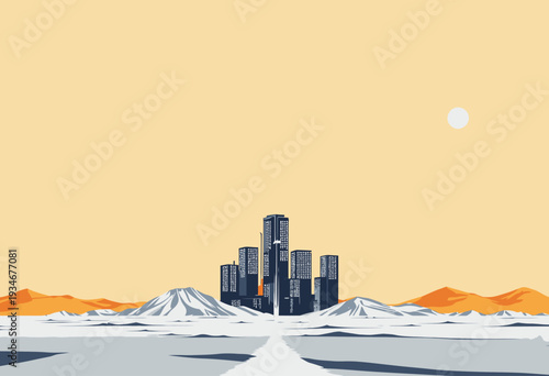 Futuristic skyline emerging from vast icy landscape under warm sky with distant sun and surrounding mountains emphasizing urban isolation