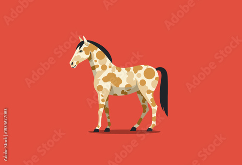 Illustrated depiction of a dappled horse on a vibrant red background highlighting its unique spotted coat and elegant stance