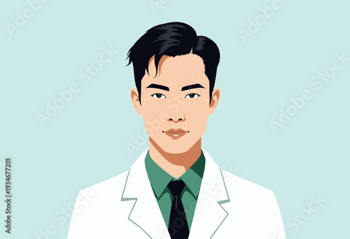 Illustrative Portrait of a Professional Individual Wearing a White Coat and Green Shirt with a Black Tie, Depicting Confidence and Elegance Against a Soft Background