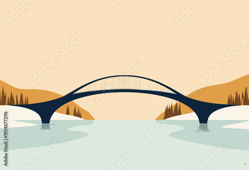 Elegant Curved Bridge Spanning Tranquil River Amidst Rolling Hills and Minimalist Landscape with Autumnal Colors and Serene Atmosphere