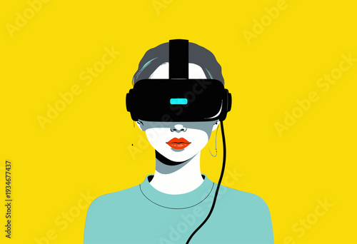 Illustration of a Person Engaging with Virtual Reality Technology Using a Modern Headset Against a Bright Yellow Background
