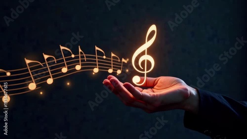 Musician holding a glowing treble clef in palms with sparkles on dark background Concept of magic, music and artistic inspiration