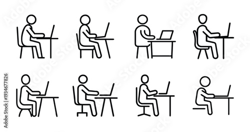 Office worker and freelancer line icon set featuring person sitting at desk with laptop for computer work workspace and more vector illustration or editable stroke