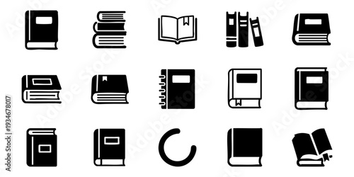 Book and Reading Related Icons Collection. Various black silhouette symbols of books and learning materials.