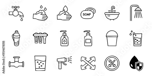 Hygiene, Water and Cleaning Outline Icons Set. Line art symbols for washing, sanitation, and personal care.