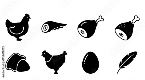 Various Chicken, Poultry and Meat Solid Icons. Black silhouette symbols including whole chicken, parts, and egg.