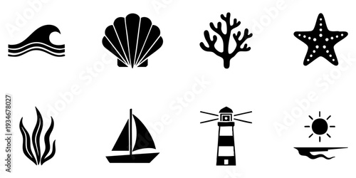 Sea, Beach and Ocean Related Solid Icons Set. Black silhouette symbols of waves, shells, and coastal elements.