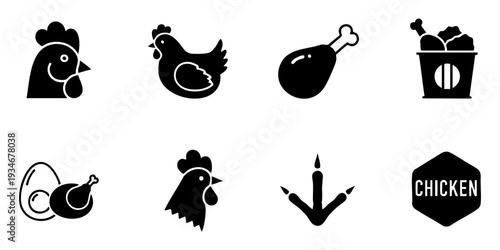 Chicken, Poultry and Meat Related Solid Icons Set. Black silhouette symbols of chicken, drumsticks, and eggs.