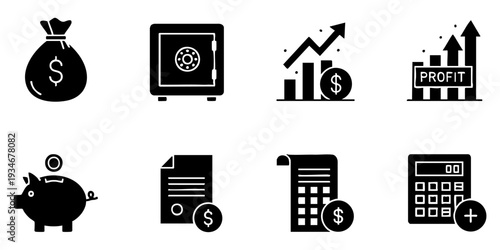 Finance and Money Solid Icons Set. Economic, Banking, and Investment Symbols with Dollar Sign for Business Concepts.