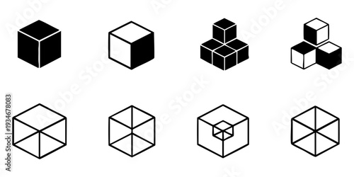 Geometric Cube and Box Icons Set. 3D Abstract Shapes, Isometric Blocks, and Wireframe Designs for Technology Concepts.