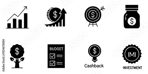 Financial Growth, Investment, and Budgeting Solid Icons Set. Money Management and Business Strategy Glyphs.