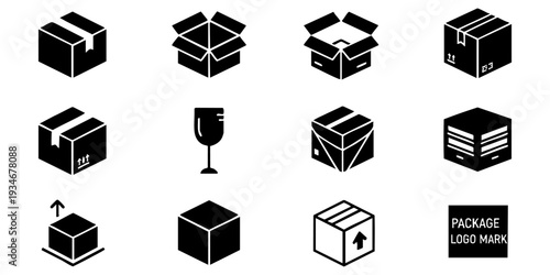 Packaging and Shipping Box Solid Icons Set. Delivery, Cargo, and Logistics Symbols for E-commerce and Freight.