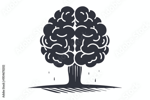 Stylized dark brain symbol rooted to ground with dripping water drop elements illustrated nicely