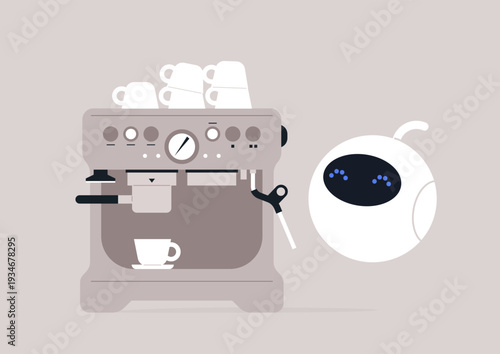 In a cozy café, a sleek barista robot  stands ready near the coffee machine to serve warm cups, impressing patrons with its modern design and friendly demeanor.