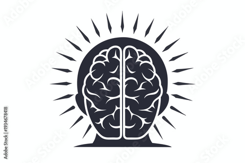 Abstract human head outlines contain brain with rays emanating outward in monochrome