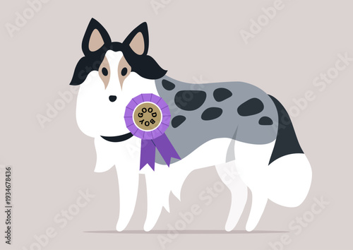 In a joyful moment, a friendly Sheltie proudly displays a shiny good boy medal, This charming dog radiates happiness and pride, a true companion in playful adventures.