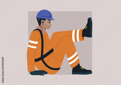 A confident character dressed in orange safety gear performs a vital task in a square shaped confined space, Bright lighting enhances the attention to detail in the surroundings.