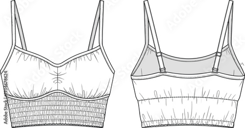 Flat vector illustration of women’s bralette front and back view, fashion technical sketch with sweetheart neckline, ruched fabric, garment design