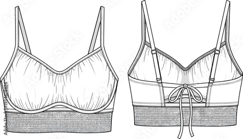 Flat vector illustration of women’s bralette front and back view, fashion technical sketch with scoop neckline, lace‑up band, garment design