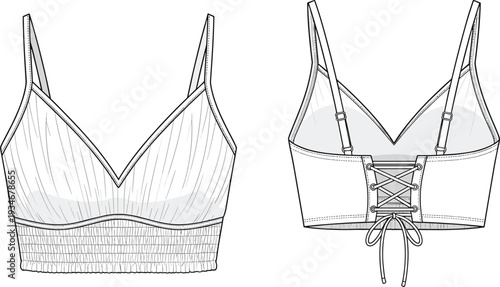 Flat vector illustration of women’s bralette front and back view, fashion technical sketch with V neckline, lace up back, elastic band