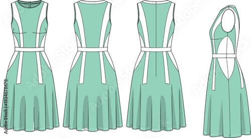 Flat vector illustration of women’s sleeveless dress front, back, side view, fashion technical sketch with lapel collar, zipper closure, flared skirt