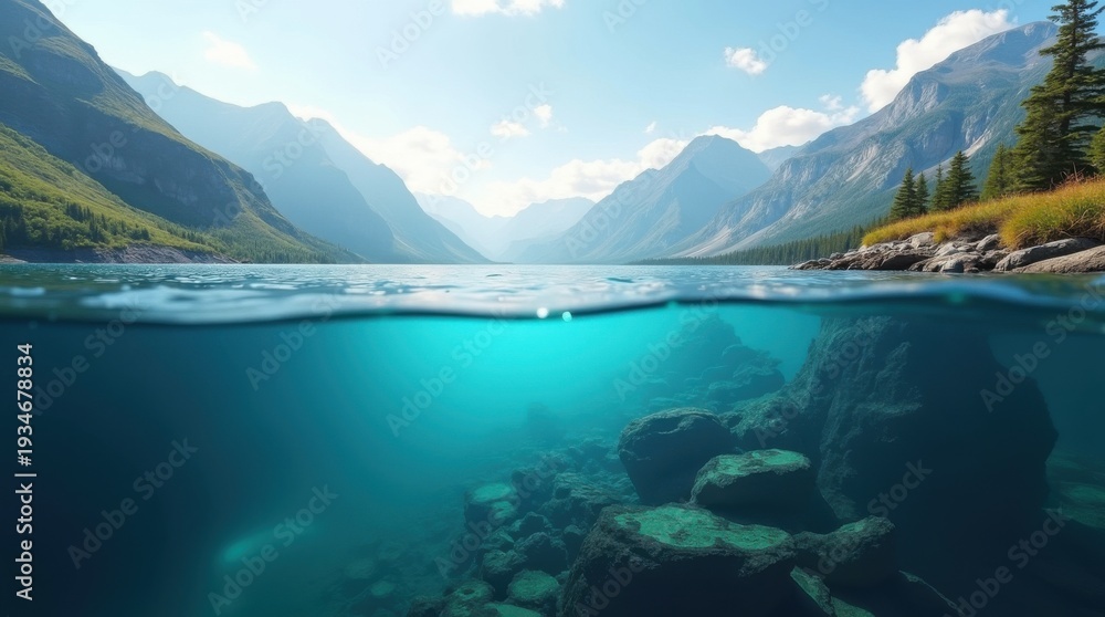 Obraz premium A split-view image showcasing both above and below the waterline in a mountainous landscape 