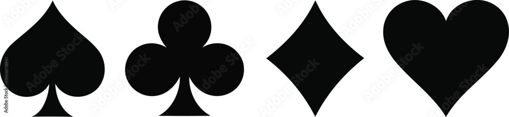 Obraz premium Classic black playing card suits displayed in a row with distinct shapes and symbols. Vector