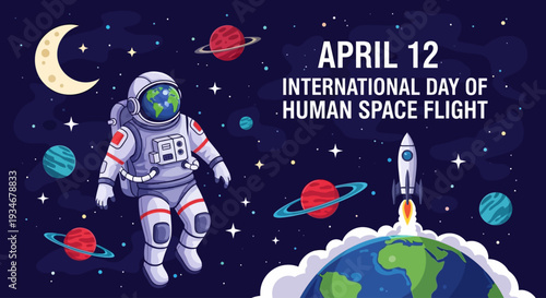 Astronaut in space celebrating International Day of Human Space Flight on April 12