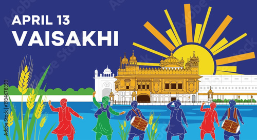 Vibrant Vaisakhi celebration with traditional dancers and musicians