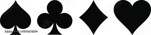 Classic black playing card suits displayed in a row with distinct shapes and symbols. Vector