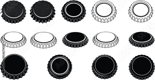 Set of Realistic Metal Bottle Cap Silhouettes and Line Art Illustrations Featuring Various Angles, Crown Cork Designs, and Top Down Views