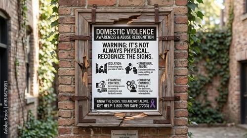 Domestic violence awareness and abuse recognition campaign with broken frame warning sign representing intimate partner violence survivor support prevention education legal protection and community