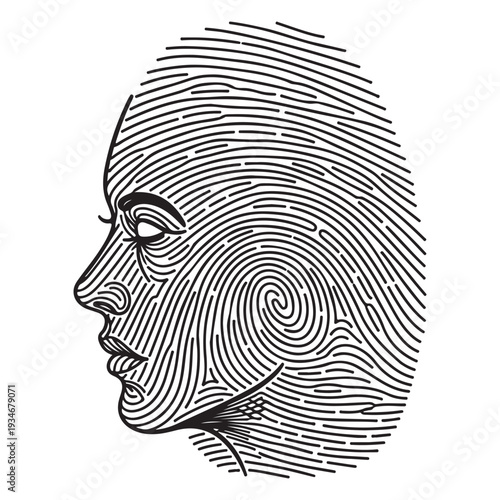Conceptual Human Profile Face with Unique Fingerprint Line Art