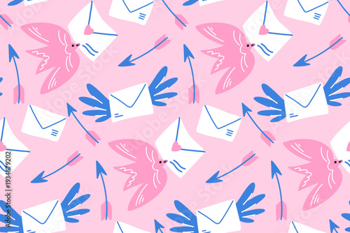 Romantic Pink Seamless Pattern with Birds, Love Letters and Arrows, Cute Valentine Background for Kids Textile and Wrapping Paper