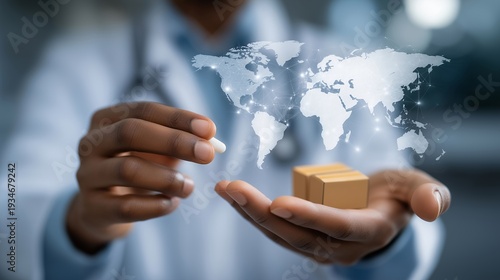 Wallpaper Mural Pharmaceutical supply chain manager tracking global active ingredient sourcing on digital world map, perfect for drug supply chain management, pharmaceutical logistics, ingredient sourcing, modern Torontodigital.ca